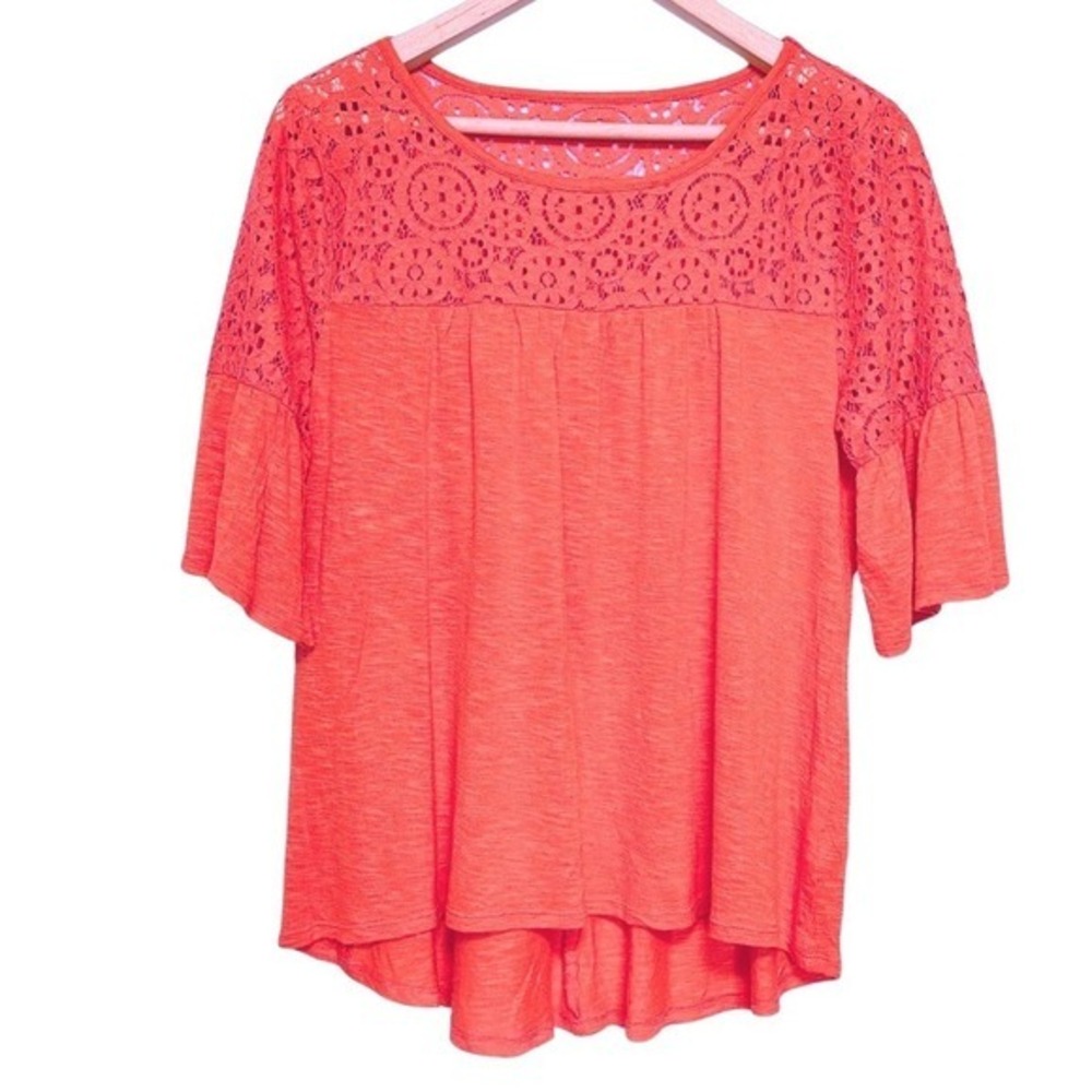 ANA Crochet Top Womens M Coral Red Lacy Lightweight Flutter Sleeve Boho Feminine